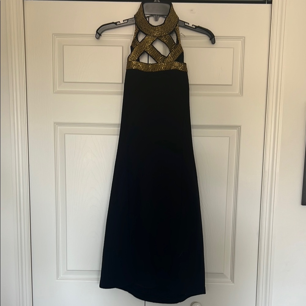 Vintage 1990s Elegant Black and Gold Halter Dress